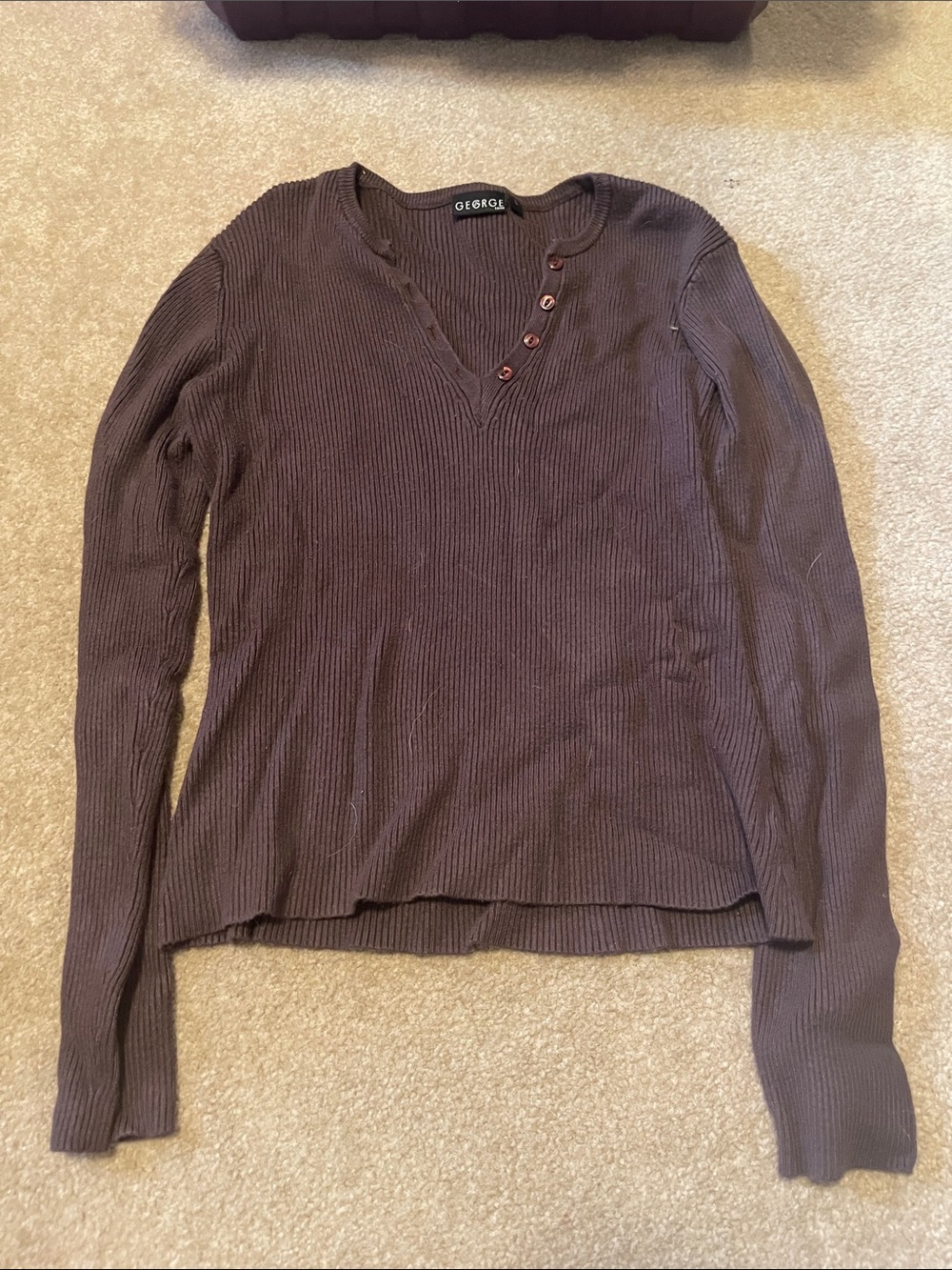 George Brown Ribbed Long-Sleeve V-Neck Top with Button Detail